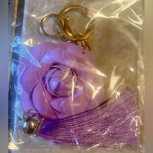 Bag Charm/Keychain Lavender camellia flower, tassel & gold tone hardware